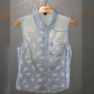 Chambray Horse Print Button Down Shirt